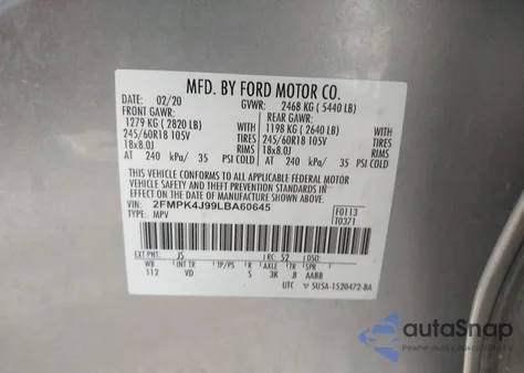 2020 Ford Edge Sel из США, поврежденный, VIN 2FMPK4J99LBA60645